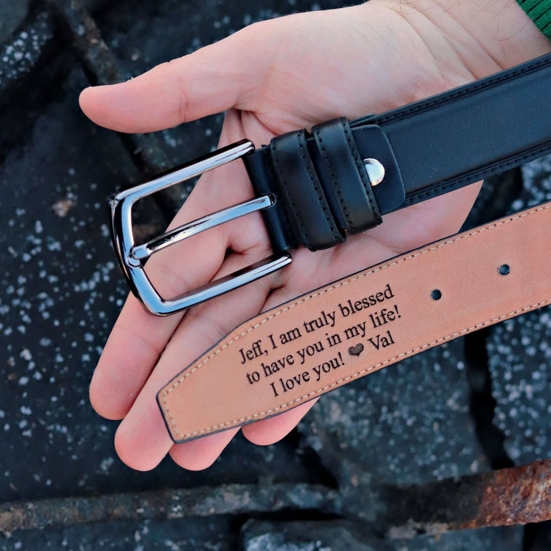 Customizable Black Engraved Leather Belt