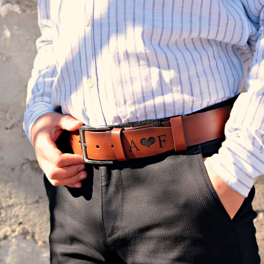 Handmade Unique Engraved Tan Leather Belt