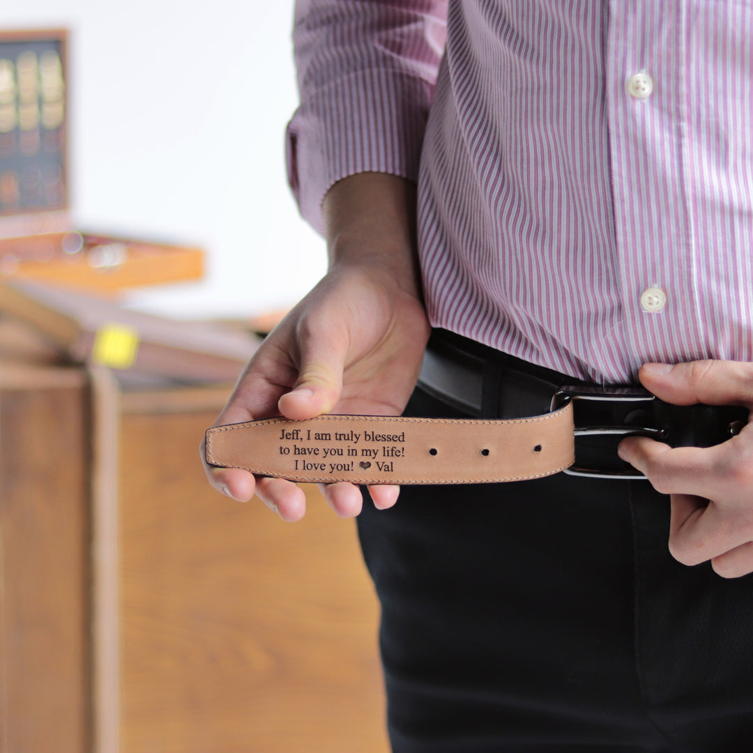 Customizable Navy Engraved Leather Belt